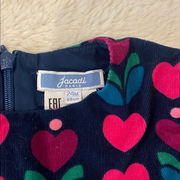 Jacadi Paris Baby Girl Heart Print Corduroy Dress Navy Pink 24M 88cm Lined - Picture 2 of 6